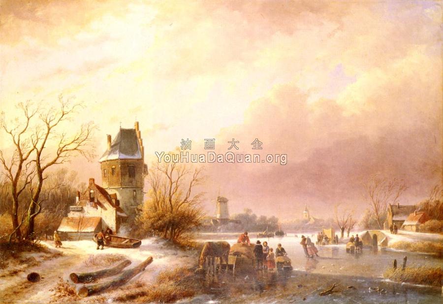 Skaters On A Frozen River - 安德列亚斯·Schelfhout